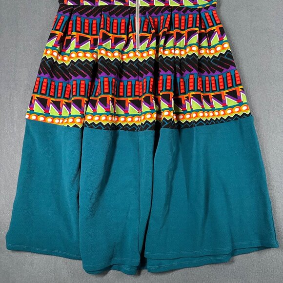 Lularoe Womens L Amelia SS Scoop Neck Back Zip Pleated Teal Geometric Dress - Picture 11 of 11